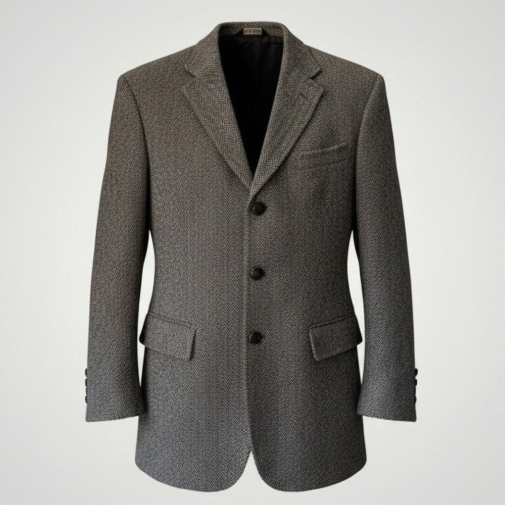 Jos A Bank Harris Tweed Sport Coat Men 42 Black Herringbone Scottish Wool Blazer